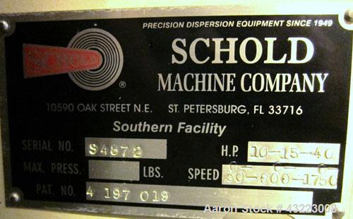 Used Schold Concentric Triple Shaft Tri-axial Disperser, 304 Stainless Steel. (1) High speed shear blade, driven by a 40 hp, 3/60/230/460 volt, 1800 rpm XP motor, speed range 0-1750 rpm, (1) Intermed...