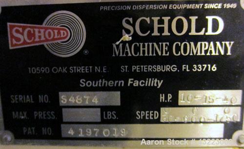 Used Schold Concentric Triple Shaft Tri-axial Disperser, 304 Stainless Steel. (1) High speed shear blade, driven by a 40 hp, 3/60/230/460 volt, 1800 rpm XP motor, speed range 0-1750 rpm, (1) Intermed...