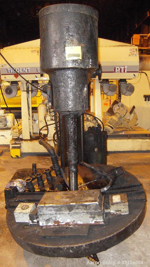 Used Schold Co-Axial Single Motor Variable Speed Disperser, Model 50. 48" long shaft with a sawtooth blade, speed range 100-2000 RPM. (1) Triple bowtie blade, speed range 20-490 RPM. Air/oil lift. Ha...