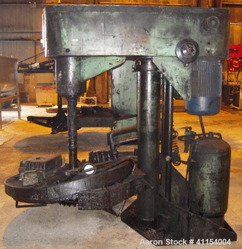 Used Schold Co-Axial Single Motor Variable Speed Disperser, Model 50. 48" long shaft with a sawtooth blade, speed range 100-2000 RPM. (1) Triple bowtie blade, speed range 20-490 RPM. Air/oil lift. Ha...