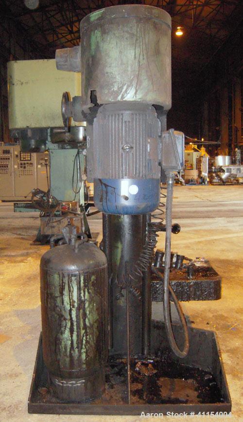 Used Schold Co-Axial Single Motor Variable Speed Disperser, Model 50. 48" long shaft with a sawtooth blade, speed range 100-2000 RPM. (1) Triple bowtie blade, speed range 20-490 RPM. Air/oil lift. Ha...