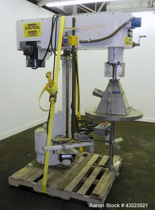 Used Schold Single Shaft Variable Low Speed Disperser, Model VLS 300. Approximately 2’’ diameter x 54" long 304 stainless steel shaft shaft (2) 15" diameter 3 blade turbine. Will center in an approxi...