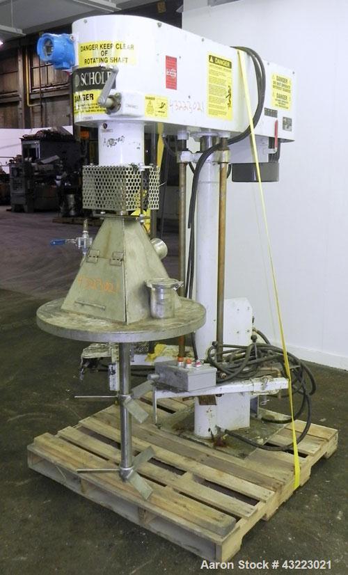 Used Schold Single Shaft Variable Low Speed Disperser, Model VLS 300. Approximately 2’’ diameter x 54" long 304 stainless steel shaft shaft (2) 15" diameter 3 blade turbine. Will center in an approxi...