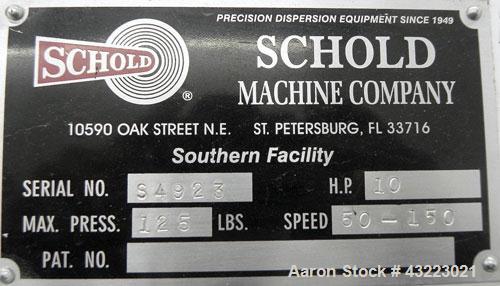 Used Schold Single Shaft Variable Low Speed Disperser, Model VLS 300. Approximately 2’’ diameter x 54" long 304 stainless steel shaft shaft (2) 15" diameter 3 blade turbine. Will center in an approxi...