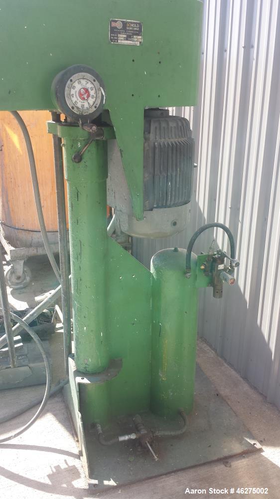 Used Schold Disperser Mixer. driven by a 20 HP Motor. 45" lift, 2" x 40" shaft, Air over oil.