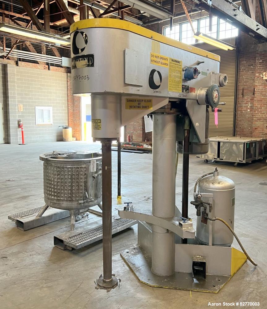 Used Schold Disperser Mixer. Maximum pressure 150 lbs. Speed 400 - 2000 rpm. Schold high pumper, 9" diameter high speed blade. 3" diameter x 46" long shaft, 27" can center. 9-1/2" height from floor, ...