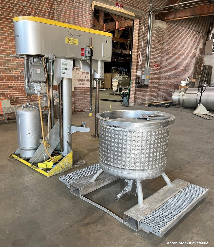 Used Schold Disperser Mixer. Maximum pressure 150 lbs. Speed 400 - 2000 rpm. Schold high pumper, 9" diameter high speed blade. 3" diameter x 46" long shaft, 27" can center. 9-1/2" height from floor, ...