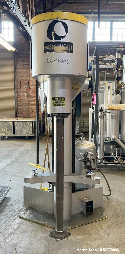 Used Schold Disperser Mixer. Maximum pressure 150 lbs. Speed 400 - 2000 rpm. Schold high pumper, 9" diameter high speed blade. 3" diameter x 46" long shaft, 27" can center. 9-1/2" height from floor, ...