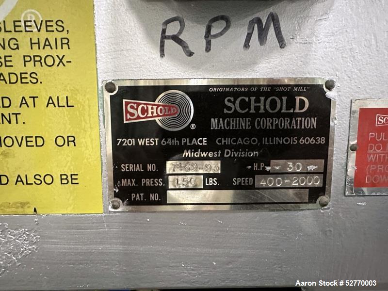 Used- Schold Disperser Mixer. Maximum pressure 150 lbs. Speed 400 - 2000 rpm. Schold high pumper, high speed blade. Driven b...