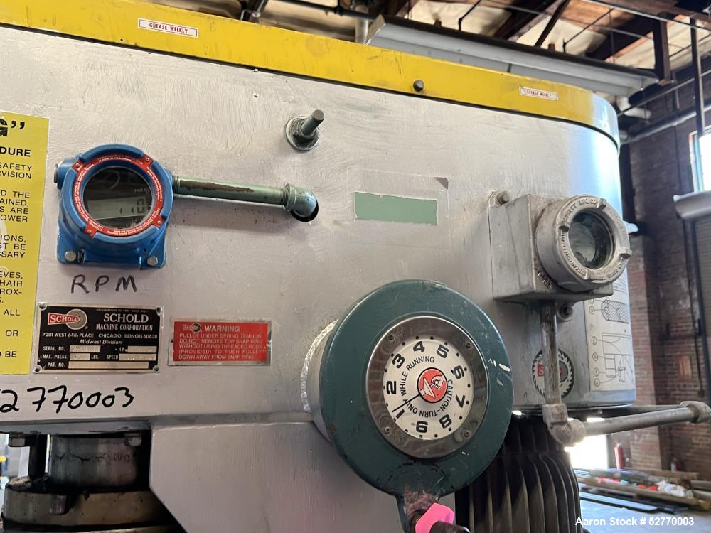 Used Schold Disperser Mixer. Maximum pressure 150 lbs. Speed 400 - 2000 rpm. Schold high pumper, 9" diameter high speed blade. 3" diameter x 46" long shaft, 27" can center. 9-1/2" height from floor, ...