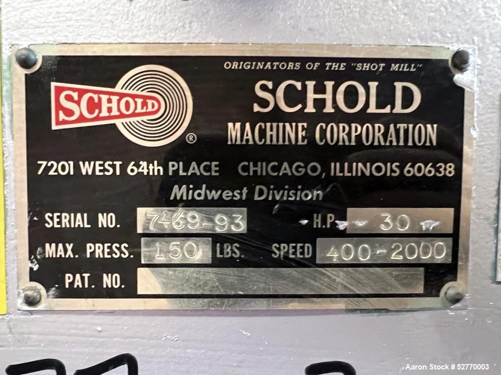 Used Schold Disperser Mixer. Maximum pressure 150 lbs. Speed 400 - 2000 rpm. Schold high pumper, 9" diameter high speed blade. 3" diameter x 46" long shaft, 27" can center. 9-1/2" height from floor, ...