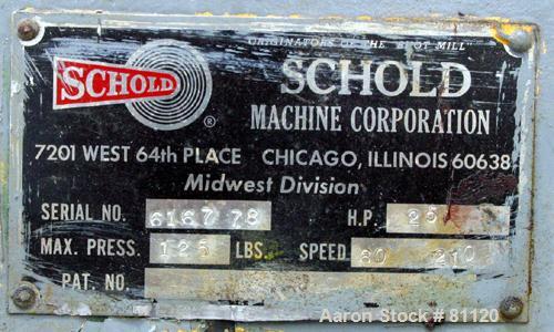 USED: Schold dissolver. 30" long shaft with a bow tie style blade.Will center in an approx 18" diameter can. Air/oil lift, can holder.Hand operated variable speed pulley drive, speed range approx 60-...