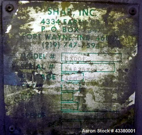 Used Shar Disperser, Model D300N. (1) 2-1/4” Diameter x 41” long 304 stainless steel shaft. Will center in a container up to approximate 64” diameter. Speed range 1000-2400 rpm. Includes (2) 12”, 11”...