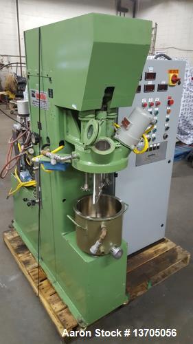 Used 2.5 Gallon Turello, Vacuum, Jacketed Triple Shaft Mixer, Model TMD-10. Triple shaft vacuum jacketed mixer with can. Stainless steel construction, 10 liter (app.2.5 gal.) working capacity, variab...