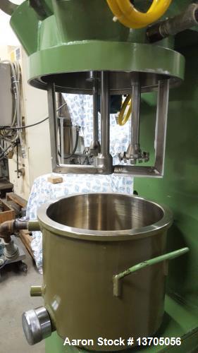 Used 2.5 Gallon Turello, Vacuum, Jacketed Triple Shaft Mixer, Model TMD-10. Triple shaft vacuum jacketed mixer with can. Stainless steel construction, 10 liter (app.2.5 gal.) working capacity, variab...