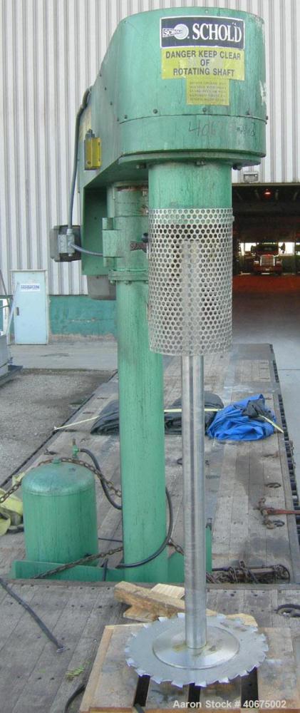 Used Schold Disperser, Model VMD501. 3" diameter x 55" long 304 stainless steel shaft with a 20" diameter saw tooth blade. Will center in an approximate 90" diameter can. 60" rise, air/oil lift. Hand...