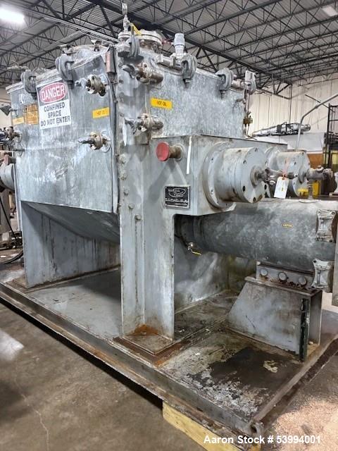 Used Lleal Double Sigma Extruder Kneader. Model AME-2600. 650 gallon; Stainless steel; Sigma blades; Hydraulically driven; Vacuum rated; 75 kW (100 hp) blade power; 55 kW (75 hp) extruder power.