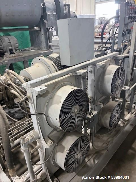 Used Lleal Double Sigma Extruder Kneader. Model AME-2600. 650 gallon; Stainless steel; Sigma blades; Hydraulically driven; Vacuum rated; 75 kW (100 hp) blade power; 55 kW (75 hp) extruder power.
