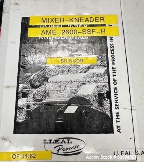 Used Lleal Double Sigma Extruder Kneader. Model AME-2600. 650 gallon; Stainless steel; Sigma blades; Hydraulically driven; Vacuum rated; 75 kW (100 hp) blade power; 55 kW (75 hp) extruder power.