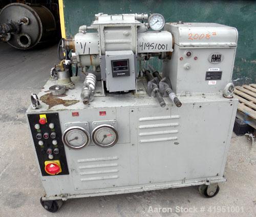 Used AMK Double Arm Mixtruder, approximately 1-1/2 gallon working capacity, 316 stainless steel. Carbon steel jacketed bowl, 7-7/8" left to right x 9" front to back x approximately 5" deep. Hinged to...