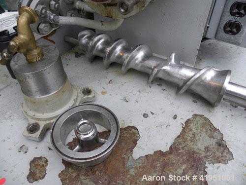 Used AMK Double Arm Mixtruder, approximately 1-1/2 gallon working capacity, 316 stainless steel. Carbon steel jacketed bowl, 7-7/8" left to right x 9" front to back x approximately 5" deep. Hinged to...