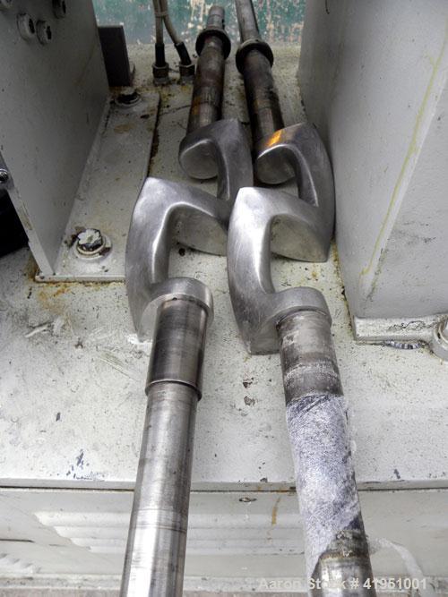 Used AMK Double Arm Mixtruder, approximately 1-1/2 gallon working capacity, 316 stainless steel. Carbon steel jacketed bowl, 7-7/8" left to right x 9" front to back x approximately 5" deep. Hinged to...
