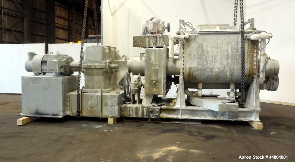 Used Aaron Process 500 Gallon Mixer Extruder, Model MX 500.  Carbon steel construction.  200 Hp main drive.