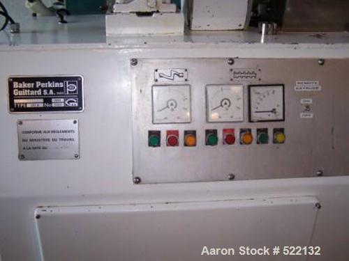 USED: Baker Perkins/Guittard Lab Mixtruder, model LEX8. 2.11 gallon(8 liters) working capacity. 304 stainless steel contact parts.Jacketed bowl, sigma blades. Mixing blade speeds: 29 rpm front blade,...