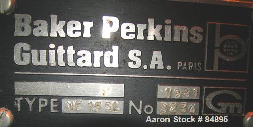 USED: Baker Perkins-Guittard mixer extruder, type ME15SL, 316 stainless steel. 26.5 gallon working capacity, 39.6 total. Carbon steel jacketed bowl, 20" left to right x 25-1/2" front to back x approx...
