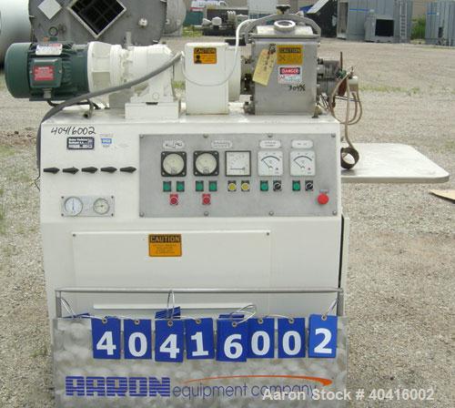 Used Baker Perkins/Guittard lab size mixer extruder, model LEX8.  Approximately 1.33 gallon working capacity, 2.125 total, 304 stainless steel.  Jacketed bowl, 8 3/4" left to right x 8 1/2" front to ...