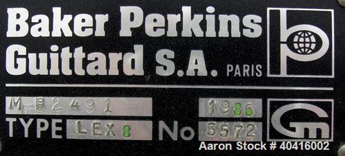 Used Baker Perkins/Guittard lab size mixer extruder, model LEX8.  Approximately 1.33 gallon working capacity, 2.125 total, 304 stainless steel.  Jacketed bowl, 8 3/4" left to right x 8 1/2" front to ...