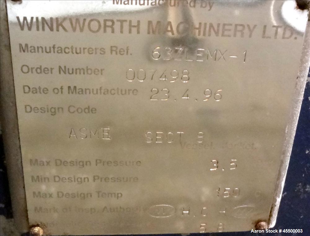Used Winkworth Machinery Mixer Extruder, Model 63ZL/EMX, Approximate 2500 Liter (660 Gallon) Working Capacity, 3800 Liter (1000 Gallon) Total, 304 Stainless Steel Product Contact Areas. Carbon steel ...