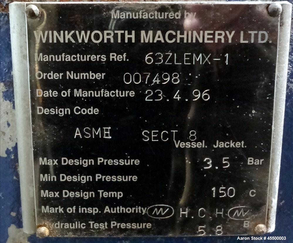 Used Winkworth Machinery Mixer Extruder, Model 63ZL/EMX, Approximate 2500 Liter (660 Gallon) Working Capacity, 3800 Liter (1000 Gallon) Total, 304 Stainless Steel Product Contact Areas. Carbon steel ...
