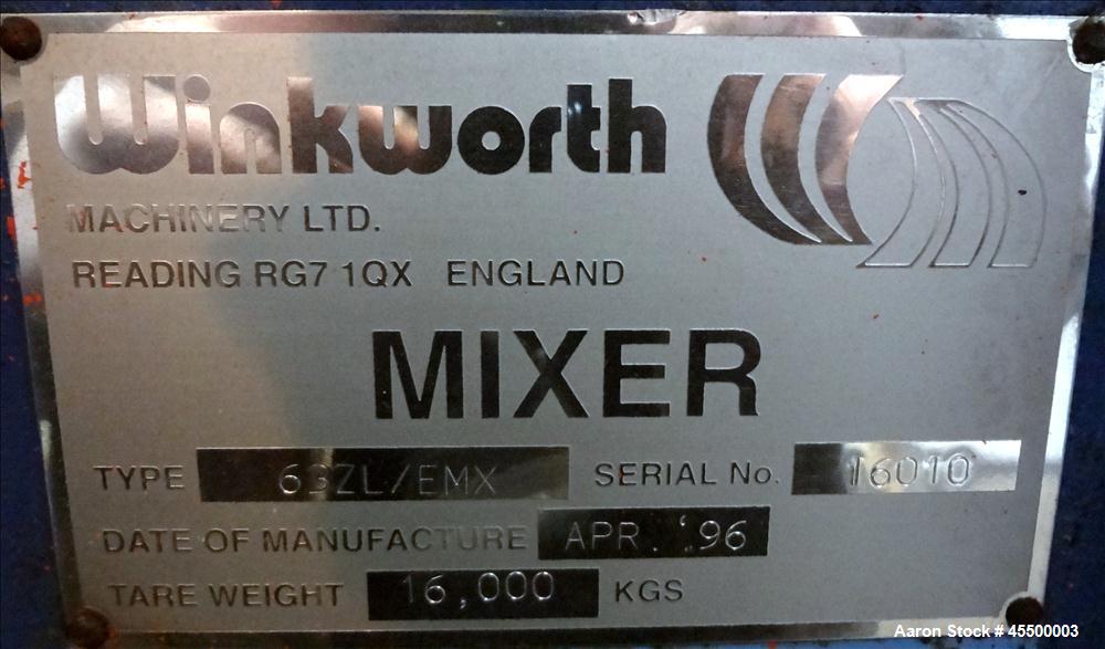 Used Winkworth Machinery Mixer Extruder, Model 63ZL/EMX, Approximate 2500 Liter (660 Gallon) Working Capacity, 3800 Liter (1000 Gallon) Total, 304 Stainless Steel Product Contact Areas. Carbon steel ...