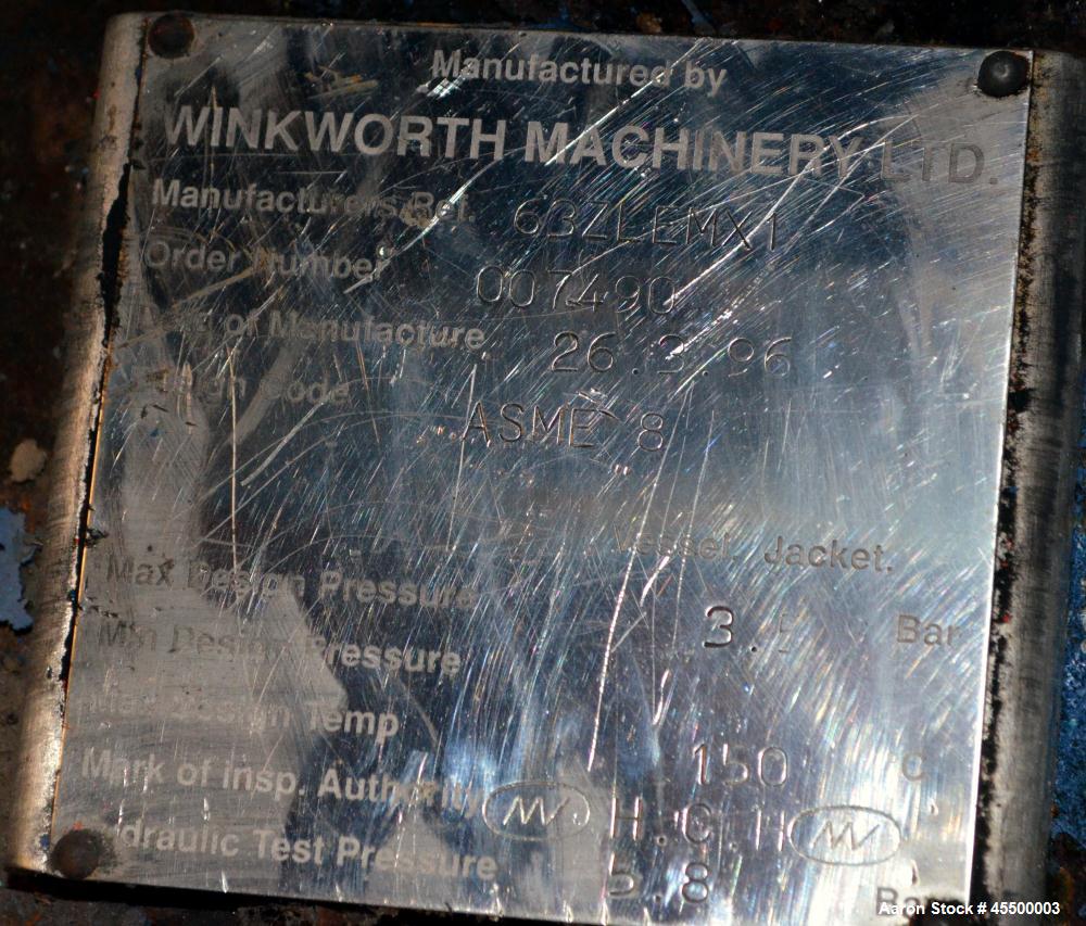 Used Winkworth Machinery Mixer Extruder, Model 63ZL/EMX, Approximate 2500 Liter (660 Gallon) Working Capacity, 3800 Liter (1000 Gallon) Total, 304 Stainless Steel Product Contact Areas. Carbon steel ...