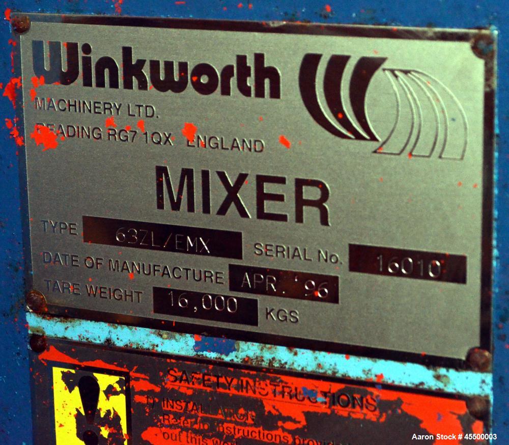 Used Winkworth Machinery Mixer Extruder, Model 63ZL/EMX, Approximate 2500 Liter (660 Gallon) Working Capacity, 3800 Liter (1000 Gallon) Total, 304 Stainless Steel Product Contact Areas. Carbon steel ...