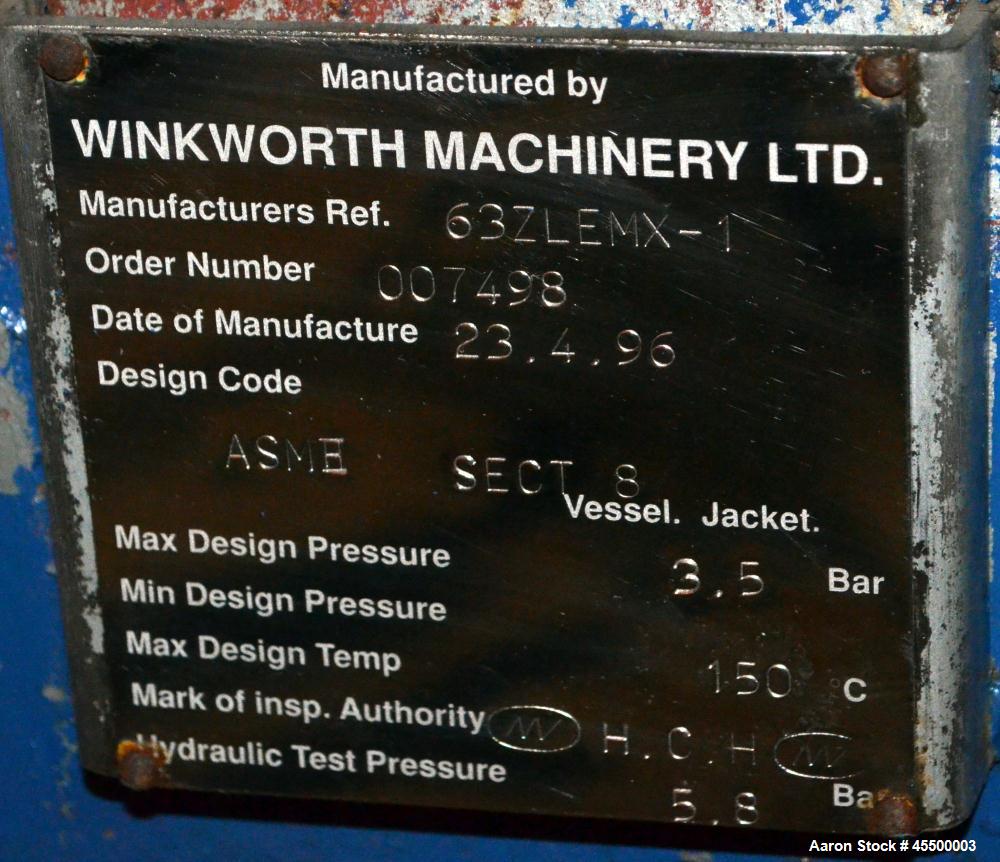 Used Winkworth Machinery Mixer Extruder, Model 63ZL/EMX, Approximate 2500 Liter (660 Gallon) Working Capacity, 3800 Liter (1000 Gallon) Total, 304 Stainless Steel Product Contact Areas. Carbon steel ...