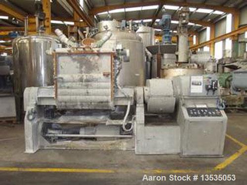 Used AMK Double Arm Mixer, steel construction.  Total volume 264 gallons (1000 liters).  Two arms Loher Z, two speeds 40 and 50 hp, 30 and 42 kW, 785 and 1485 rpm.  Interior tank dimensions 3.6' x 3....