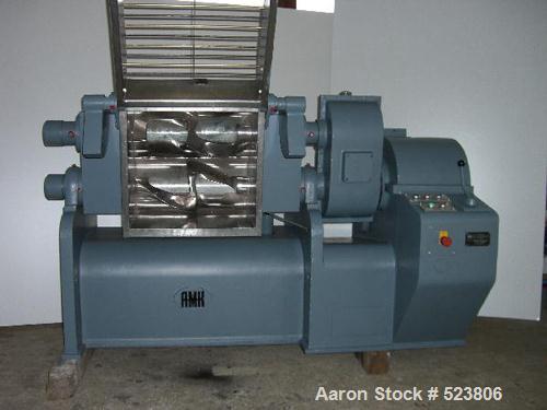 USED: AMK Z-blade mixer, driven by a 4 kW motor. Material of contactparts is stainless steel, capacity 21 gallon (80 liter), workingcapacity 13 gallon (50 liter). Trough sizes 19.6" x 18.1" x 10.2"/1...