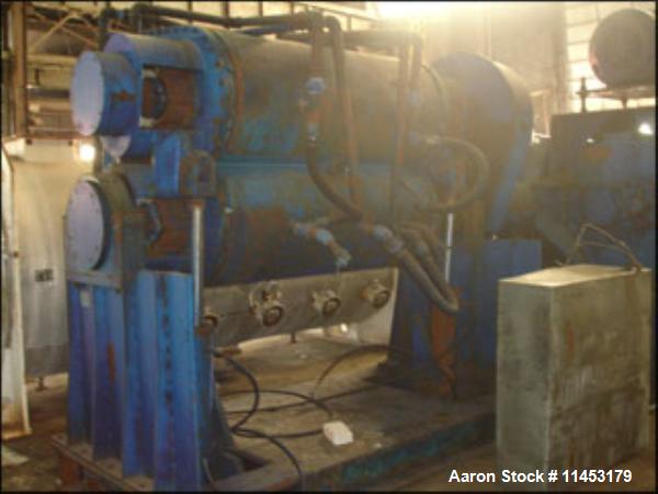 Used Aaron Process Double Arm Mixer, 500 gallon working capacity, stainless steel construction, tangential sigma blades, jacketed bowl and ends, rated 125 psi @ 450 deg F, direct connected drive thru...