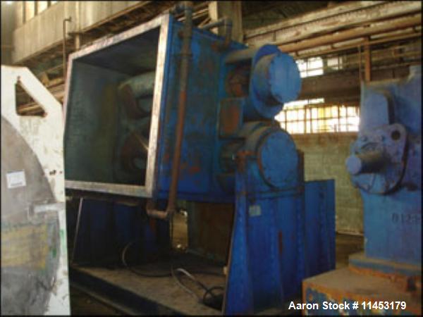 Used Aaron Process Double Arm Mixer, 500 gallon working capacity, stainless steel construction, tangential sigma blades, jacketed bowl and ends, rated 125 psi @ 450 deg F, direct connected drive thru...