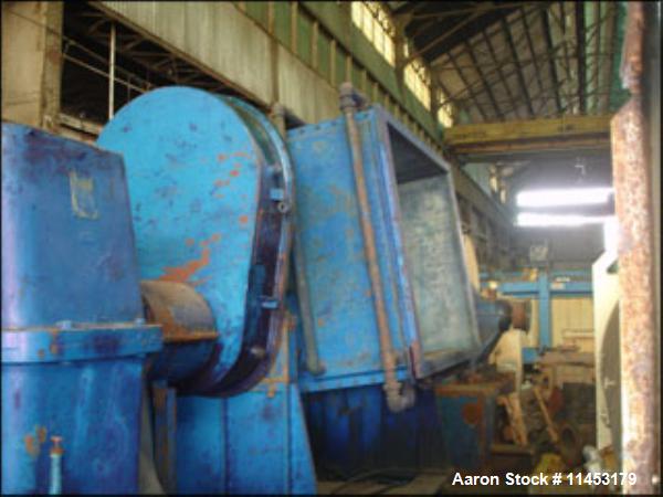 Used Aaron Process Double Arm Mixer, 500 gallon working capacity, stainless steel construction, tangential sigma blades, jacketed bowl and ends, rated 125 psi @ 450 deg F, direct connected drive thru...