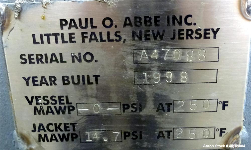 Used Paul O. Abbe Double Arm Mixer, Model SBM-10, 316 Stainless Steel. (10) Gallon operating capacity (20 total). Carbon Steel jacketed bowl approximate 17" left to right x 20" front to back, rated 1...