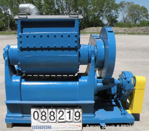 Used Baker Perkins Double Arm Mixer, Model 15, 100 Gallon Capacity, Carbon Steel. Jacketed bowl 33" left to right x 38" front to back x approximately 30" deep, Tangential sigma blades, geared one end...