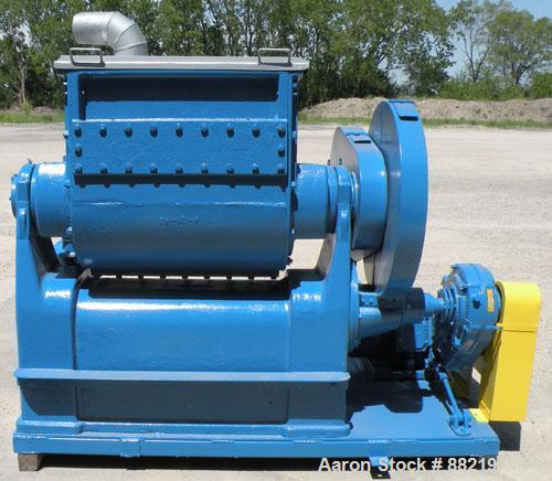 Used Baker Perkins Double Arm Mixer, Model 15, 100 Gallon Capacity, Carbon Steel. Jacketed bowl 33" left to right x 38" front to back x approximately 30" deep, Tangential sigma blades, geared one end...