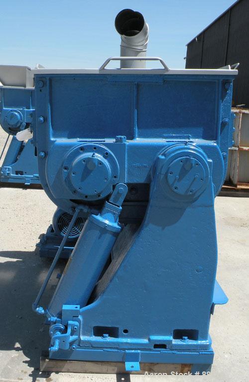Used Baker Perkins Double Arm Mixer, Model 15, 100 Gallon Capacity, Carbon Steel. Jacketed bowl 33" left to right x 38" front to back x approximately 30" deep, Tangential sigma blades, geared one end...