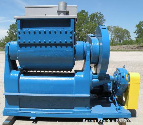 Used Baker Perkins Double Arm Mixer, Model 15, 100 Gallon Capacity, Carbon Steel. Jacketed bowl 33" left to right x 38" front to back x approximately 30" deep, Tangential sigma blades, geared one end...