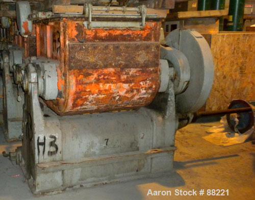 USED: Baker Perkins model #15 double arm sigma blade mixer, 100 gallon capacity. Steel jacketed bowl 33" left-right x 38" front-back x 30" deep, geared on one end. Hydraulic tilt. Arranged for belt d...