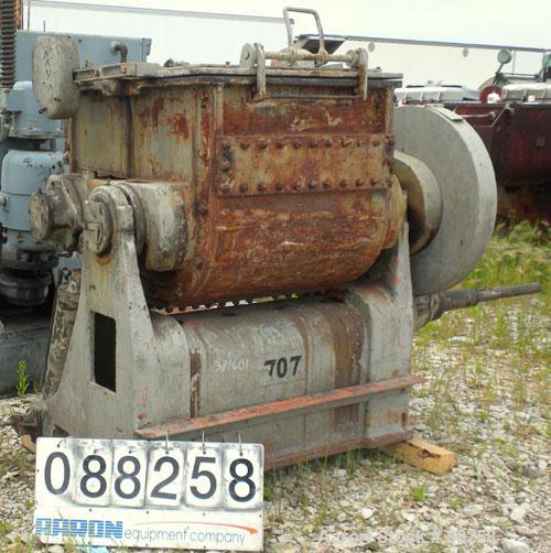 Used Baker Perkins Double Arm Mixer, Model 15, 100 Gallon Capacity, Carbon Steel.  Jacketed bowl 33" left to right x 38" front to back x approximately 30" deep. Tangential sigma blades, geared one en...