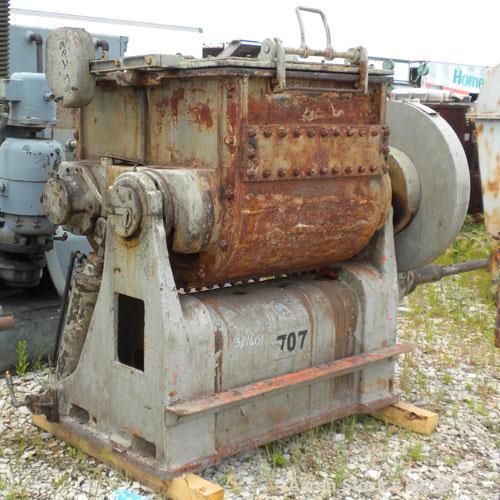 Used Baker Perkins Double Arm Mixer, Model 15, 100 Gallon Capacity, Carbon Steel.  Jacketed bowl 33" left to right x 38" front to back x approximately 30" deep. Tangential sigma blades, geared one en...